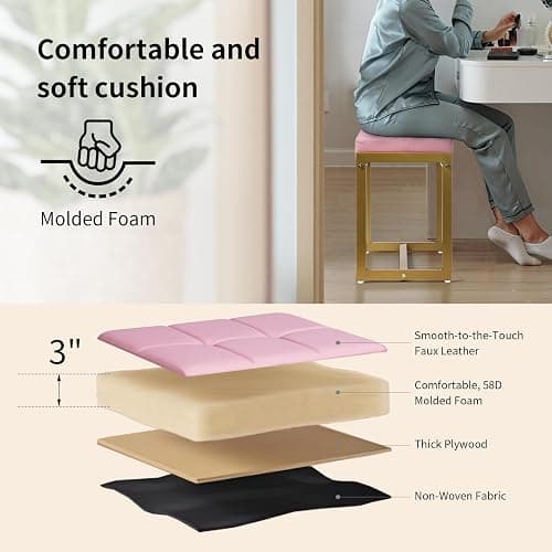FLYZC Vanity Stool, Pink Small Vanity Stools Chair, Square Cushion Makeup Chairs for Vanity, Metal Foot Stool Ottoman Seat for Bedroom Makeup Living Room, Pink & Gold - Pink & Gold thumbnail 5