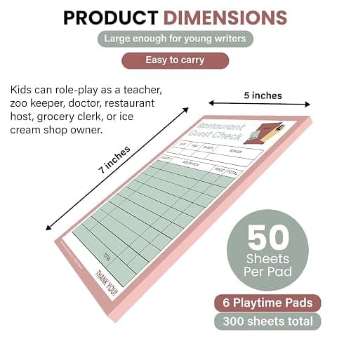 Pretend Play Notepads - 6-Pack Kids Play Pads - 50 Pages Each of Ice Cream Shop, Doctor, Zoo Keeper, Grocery List, Restaurant & Student Reports for Imaginative Role Play thumbnail 2