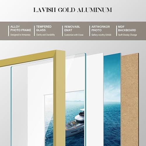 VCK 8x10 Picture Frame Gold 6 Pack, High-End Aluminum Metal Poster Frame with Tempered Glass, Display Photo 5x7 with Mat or 8x10 Without, for Home, Office, Studio and Gallery, Wall Hanging or Tabletop thumbnail 5