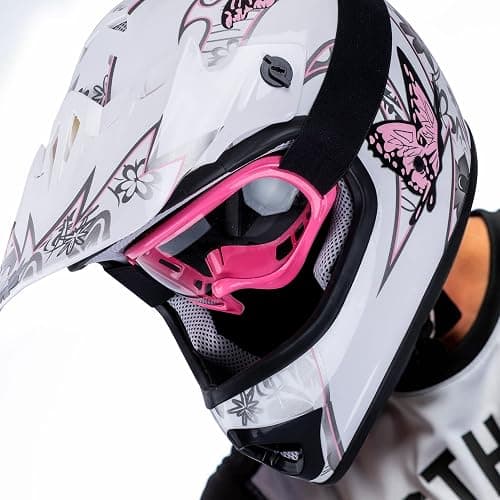 XFMT Youth Dirt Bike Helmet DOT Approved Kids Full Face Motocross Helmets | Motorcycle Riding Gear included Goggles & Gloves, Ultra-Lightweight, For ATV UTV, White Pink Butterfly X-Large thumbnail 5