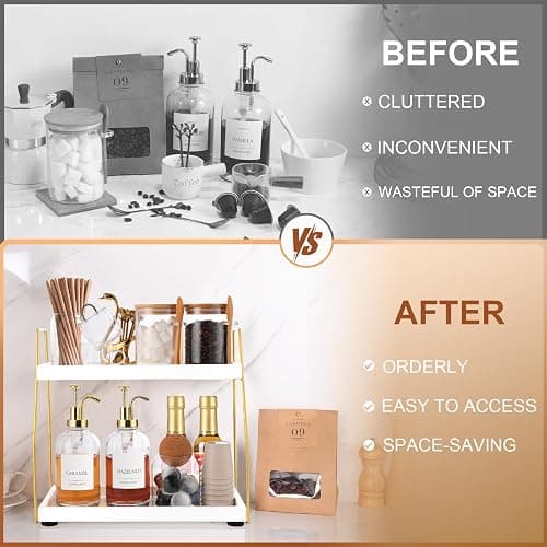 Coffee Bar Accessories,Coffee Station Organizer with Multi-Functional,CoffeeBar Decor for Accessories,2 Tier Wooden Shelf Gold Metal Station Organizer for Countertop,Syrup thumbnail 5