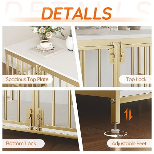 HOOBRO 38.6" Dog Crate Furniture, Wooden Dog Kennel Indoor, Heavy Duty Dog Cage for Small/Medium Dog, Decorative Side End Table, White and Gold DW100GW03 thumbnail 7