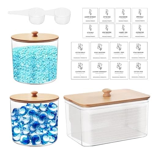 3 Stück Waschmittel Pods Aufbewahrung, Wäsche Pods Behälter mit Etiketten und Löffeln, Waschpulver Aufbewahrungsbox mit Deckel Waschküche Organizer für Pulver Perlen Duft-Booster Trockner Blatt thumbnail 8