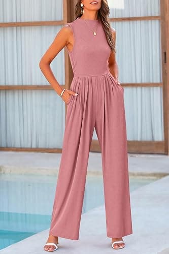 PRETTYGARDEN Womens Summer Jumpsuits Dressy Casual One Piece Outfits Sleeveless Mock Neck Wide Leg Pants Rompers with Pockets - Small - Dusty Pink thumbnail 7