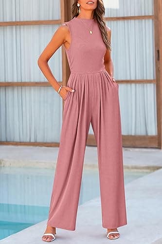 PRETTYGARDEN Womens Summer Jumpsuits Dressy Casual One Piece Outfits Sleeveless Mock Neck Wide Leg Pants Rompers with Pockets - Small - Dusty Pink thumbnail 7