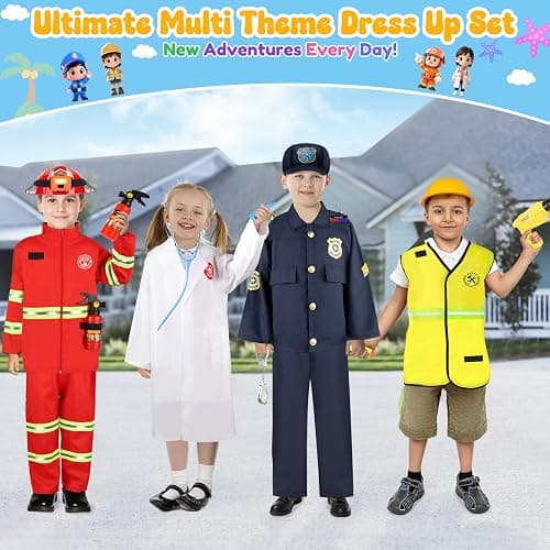 IVENRXIU Kids Dress Up Clothes,4 In 1 Role Play Costumes for kids Ages 3–8 | Includes Police, Doctor,Fireman,Engineer for kids Career Pretend Play Toys For Party,Halloween Christmas Birthday Gifts thumbnail 2