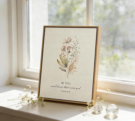 Be Still and Know That I am God - Psalm 46:10 Framed Canvas Wall Art, Watercolor Wildflower Bible Verse Print, Christian Religious Wall Decor for Bedroom Living Room, 8x10 Inch Natural Wood Frame thumbnail 5
