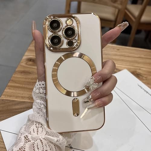 OOK Magnatic Case for iPhone 15 Pro Max Case [Compatible with MagSafe] Full Camera Lens Protector Gold Electroplate Edge Soft TPU Shockproof Protective Phone Case for Women Men 6.7 Inch - Wihte - Image 1