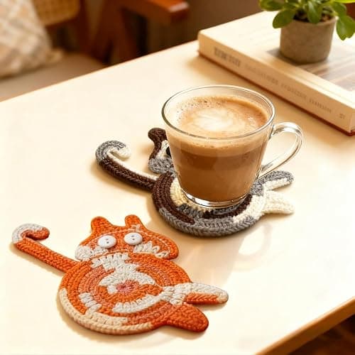 iYZZGH Drink Coaster, Woven Creative Coasters for Cat Lovers, Gag Gifts Cat Coffee Coaster for Desk Accessories Home Decor Tabletop Protection(Cat-4PCS) thumbnail 2
