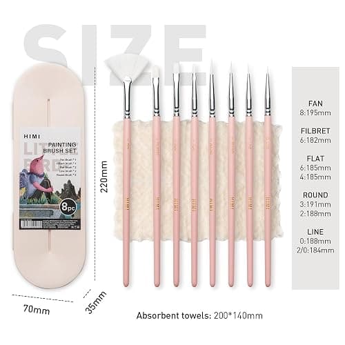 HIMI Paint Brushes Set 8 Pcs for Acrylic Oil Gouache Paint，2 Flat & 2 Round & 2 Liner &1 Filbret &1 Fan, 8pcs Brushs, Interesting Designed Nice Gift for Art hobbyist Beginners Artists (Pink,8Pcs) thumbnail 2