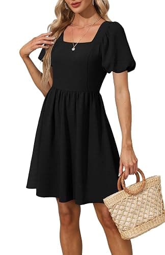 OFEEFAN Women Puff Sleeve Square Neck Tie in Back Dresses with Zipper thumbnail 4