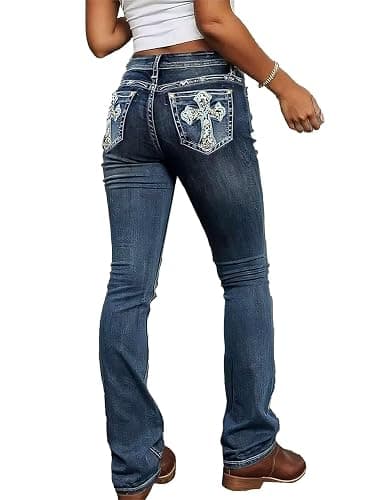Flamingals Embroidered Bootcut Jeans for Women Mid Rise Stretchy Criss Cross Graphic Curvy Bell Bottom Jeans - Image 1
