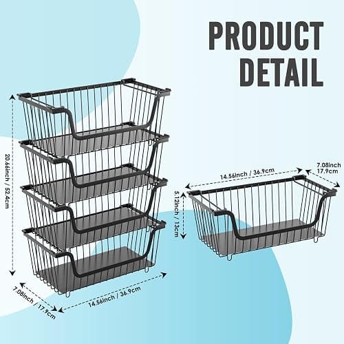 4 Pcs Stackable Wire Baskets Pantry Organizers and Storage Bins,Black | Breathable Metal Design with Rotating Handle,Idea for Potato Onion Fruit Snack Veggie Kitchen Countertop Freezer Organization thumbnail 2