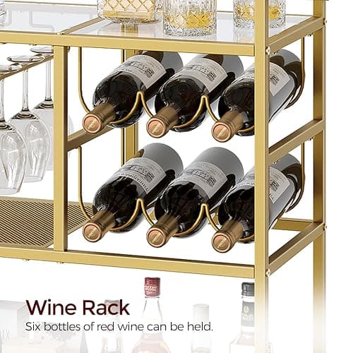 MAHANCRIS Bar Cart for Home, 3-Tier Serving Cart with Wheels and Handle, Beverage Cart with Wine Rack and Glass Holders, Rolling Wine Cart for Kitchen, Dining Room, Gold RCJ61B01 thumbnail 6