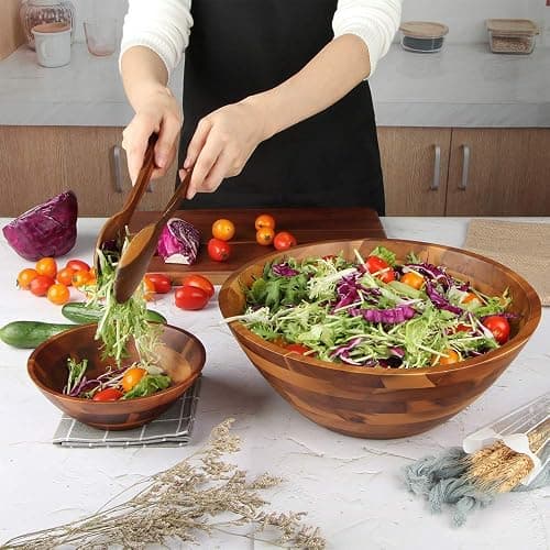 AIDEA Salad Bowls, Wooden Salad Bowls Set, Large Acacia Wood Serving Bowl for Fruits, Salad, 12.5" Big Salad Bowl with Serving Utensils thumbnail 5