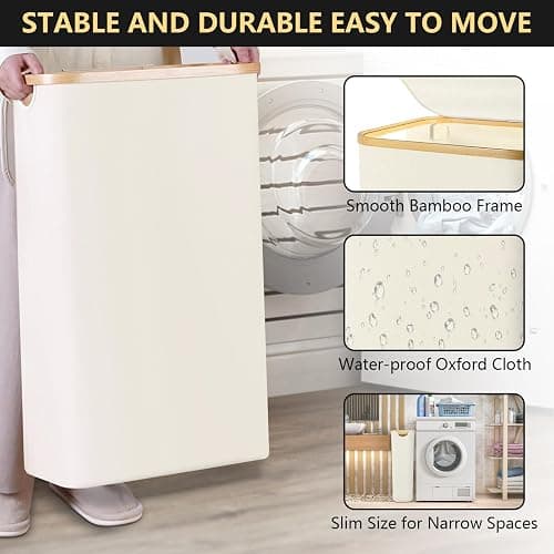 Slim Laundry Hamper with Lid - 60L Narrow Laundry Hamper with Lid, Dirty Clothes Hamper Small Hampers for Small Space, Slim Laundry Basket with Bamboo Handle (Beige) thumbnail 4
