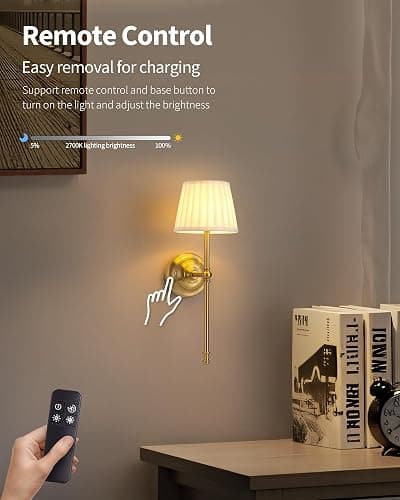 VISDANFO Aufladbare Wandlampe 2 Stück, LED-Wandleuchte aus Stoff mit Akku, Dimmbare Beleuchtung mit 5200 mAh und Kabelloser Fernbedienung für Wohnzimmer, Schlafzimmer, Flur, Treppenhaus (Gold) thumbnail 4