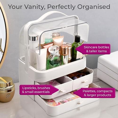 Neo Acrylic Makeup Organiser with Lid & Drawers Portable Dustproof Cosmetic Storage Box for Vanity, Bathroom Bedroom Countertop Skincare & Beauty Organiser (White) thumbnail 4
