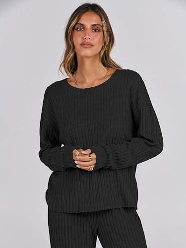 ANRABESS Women 2 Piece Lounge Pajamas Sets Casual Ribbed Knit Long Sleeve Top Pants Matching Set 2025 Fall Outfits Clothes thumbnail 3