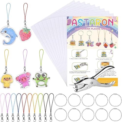ASTARON Printable Shrinking Plastic Sheets Kit, 10 Pcs A4 Size Blank Heat Shrinking Film Art Paper, Hole Punch and 40 Lanyards, Shrink Keychain Jewelry Making Accessories Craft Supplies - Image 1