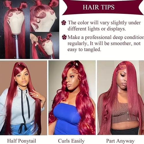 ULRICA Burgundy Human Hair Wig 99J Burgundy Lace Front Wigs Human Hair Wigs for Black Women 24 Inch 13x4 HD Lace Straight Burgundy Wig Pre Plucked Red Lace Front Wigs 180% Density thumbnail 6