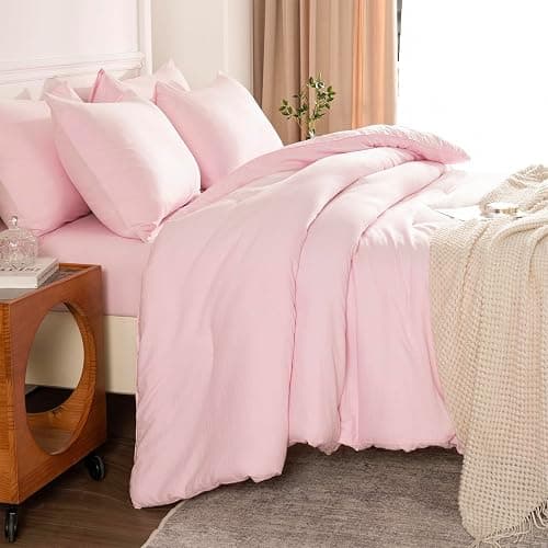 TISPLR Pink Comforter Set Queen 3 Pieces Soft Bedding Bright Comforter Queen Light Pink Style Lightweight Comforter Set for All Seasons 1 Comforter and 2 Pillowcases thumbnail 3