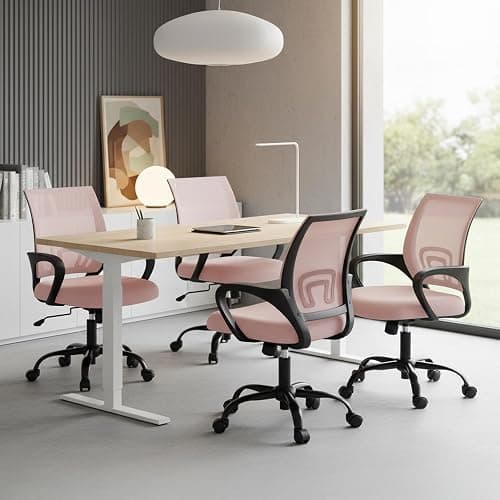 DUMOS Office Desk Chair - Ergonomic Mid Back with Lumbar Support & Rocking Mode, Height Adjustable with Fixed Armrest, Storage Back for Computer, Gaming, Conference, Meeting Room, 360° Swivel, Pink thumbnail 8