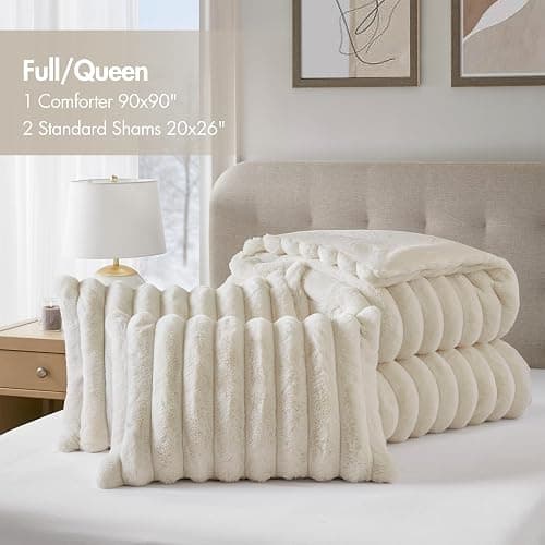 Madison Park Jasmine Luxurious Plush Queen Comforter Set, 3 Piece, Ivory | Soft Faux Fur Ribbed Velvet Bedding Set Full Size for Winter, Reversible, Warm Fuzzy Thick, with Matching Shams thumbnail 5