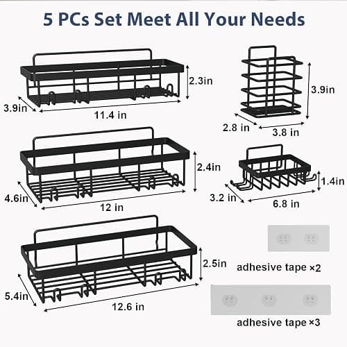 Liuoud 5 Pack Shower Caddy Organizer Rack Shelf for Inside Shower, Adhesive Bathroom Wall Storage Basket Rustproof Stainless Steel Shampoo Holder, Bathroom Accessory Decor Set, Black. thumbnail 2