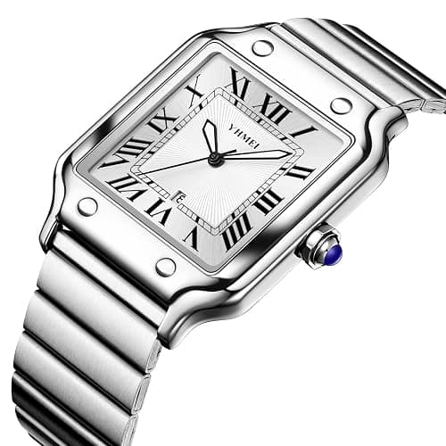 CARLIEN Unisex Classic Square Roman Numerals Silver Analog Waterproof Watches for Women Men Stainless Steel Strap Date Display Casual Wristwatch thumbnail 2