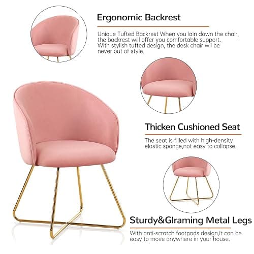 Furniliving Velvet Vanity Chair with Back, Modern Accent Chair for Vanity, Upholstered Makeup Stool Chair for Bedroom, Living Room, Dressing Room, Pink thumbnail 4