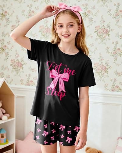 Sylfairy Girls Pajamas Sets Short Sleeve Summer Pjs for Girls Bow Sleepwear Kids Clothes Sets Size 3-16 thumbnail 2