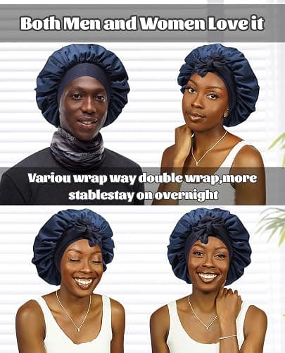 Satin Bonnet Silk Bonnet for Sleeping Silk Sleep Cap Double Layer Hair Bonnet with Elastic Tie Band for Curly Hair Night Cap (Navy Blue + Light Blue) thumbnail 4