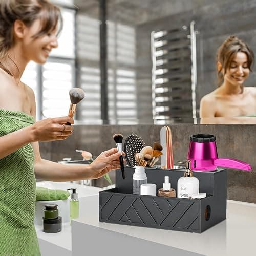 Unistyle Hair Tool Organizer, Wall Mounted, Bathroom Countertop, Vanity Organizer, Black, Wooden, Rectangular, Rustic, Art, 7.1 x 5.3 x 5.3 Inches, Paulownia Wood & Stainless Steel, 1.87 Pounds thumbnail 2
