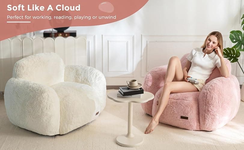 MAXYOYO Bean Bag Chair, Comfy Pebble Shaped Single Bean Bag Sofa for Adults, Stuffed Floor Sofa with Supportive Backrest & Armrests, Modern Faux Fur Accent Chair for Living Room & Bedroom, Beige - Standard - Beige thumbnail 7