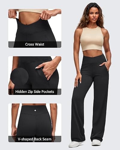 G4Free BareFeel High Stretch Women Wide Leg Yoga Pants Cross Waist Casual Trousers with Zipper Pockets 29"/31"/33" thumbnail 4