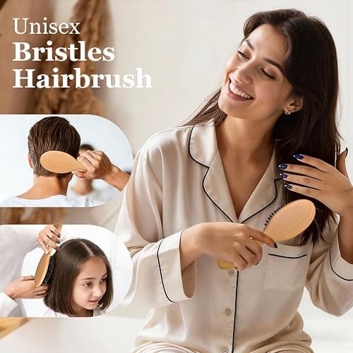 BLACK EGG Boar Bristle Hair Brush for Women Men Kid, Soft Natural Bristles Brush for Thin and Fine Hair, Restore Shine and Texture, Set includes Bamboo comb and 3 hair ties, Excellent Gift Idea thumbnail 8