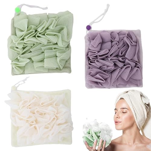 3 PCS Soap Bar Loofah, 2 in 1 Bar Soap Loofah Pouch, Washcloth Leefah Combo with Drawstring, Leefah Cloth for Body Wash Cleansing and Smooth Skin(Purple, Green, White) - Image 1