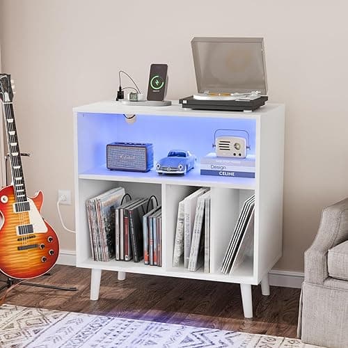 VINGLI Record Player Stand with Open Vinyl Storage, Mid-Century Album Storage Table with LED Light up to 300 Albums, Vinyl Record Player Shelf with Power Outlet for Living Room, White - Image 1