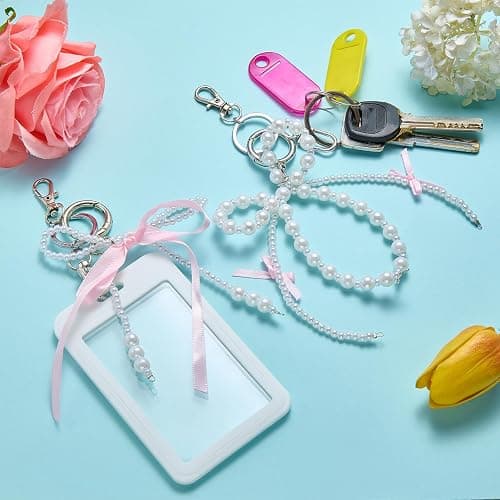 EVERJOYCRAFT 2 Sets Photocard Holder with Pearl Bow Cute Badge Holders | for 3.35"×2.07" Cards Decorative Protective Hard Acrylic Transparent Photocard Bus ID Bank Idol Card Case Keychain Bag Charm thumbnail 4