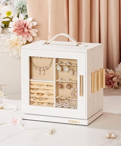 Homde Christmas Gifts Jewelry Box 360° Rotating, Necklace Earring Organizer with Transparent Window, Mirror, 7 Drawers, Large Ring Display Storage Case for Girls Women (White) thumbnail 2