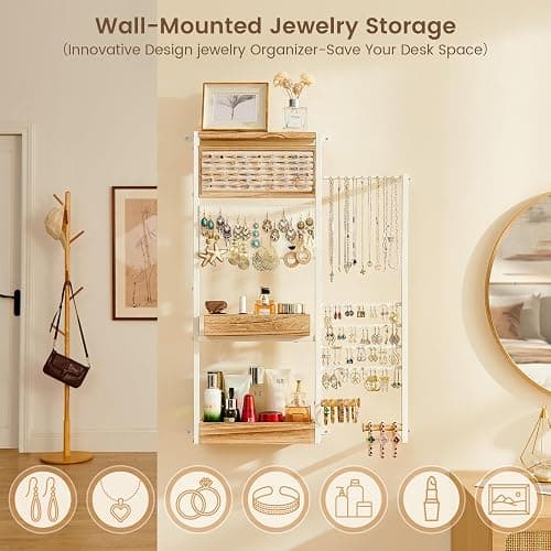 Pinzoveco Hanging Jewelry Organizer Wall Mounted, Large Hanging Jewelry Organizer Holder for Necklaces,Bracelest,Earrings,Rings,Watched,Makeup & Perfume (White) thumbnail 5