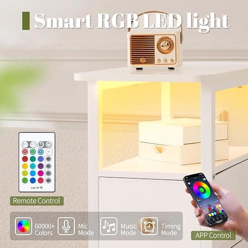 Yoobure LED Narrow Nightstand with Charging Station - Slim Dresser for Bedroom Narrow Side Table Storage Cabinet, Small Dressers Chest of Drawers, Tall Night Stand End Table for Small Spaces, White thumbnail 3