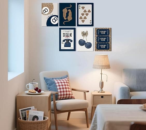 6Pcs Navy Blue Trendy Leopard Canvas Wall Art Fashion Lucky 8 Ball Painting pictures Preppy Y2K Aesthetics Wall Decor Trend Cheetah Prints Artwork for College Dorm Home Decoration 8x10in Framed thumbnail 6