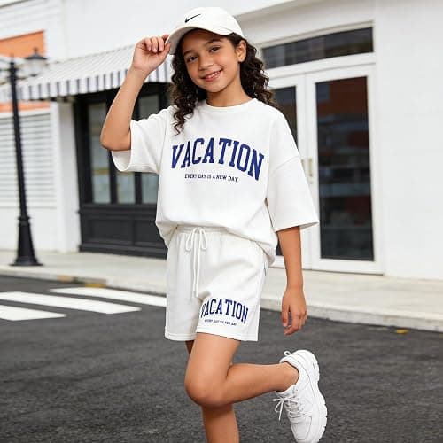 Klyatpxoen Size 6-12 Years Girl's Tracksuit Sets 2 Piece Outfits Letter Print Vacation Tee Top and Drawstring Waist Shorts thumbnail 5