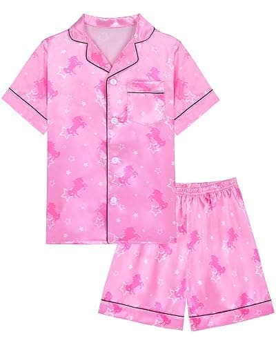 Kids Girls Pajama Set Silky PJS Button-Down Sleepwear Nightwear Loungewear Clothes Set Gifts - Image 1