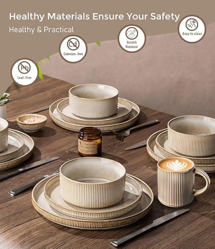 GBHOME Stoneware Dinnerware Sets for 4,12-Piece Plates and Bowls Set | Handmade Reactive Glaze Ceramic Dish Set, Scratch Resistant, Dishwasher&Microwave Safe,Cappuccino thumbnail 6