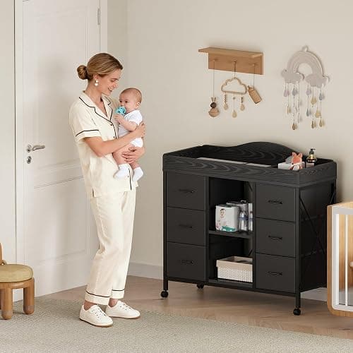 Yetom Changing Table, 6-Drawer Baby Dresser with Changing Table top,Waterproof Diaper Changing Station & Pad, 2 Height-Adjustable Open Storage Shelves, Mobile Nursery Organizer, Black thumbnail 2