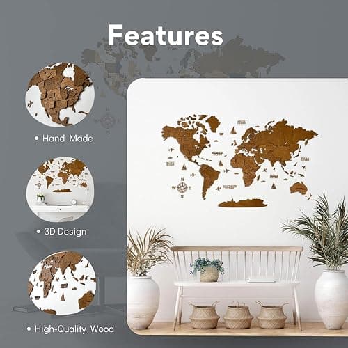 WoodLeo Wooden World Map 3D Art Large Wall Decor - Size (M, L, XL) Any Occasion Gift Idea - Wall Art For Home, Kitchen or Office (SIZE M, VENGE) thumbnail 3