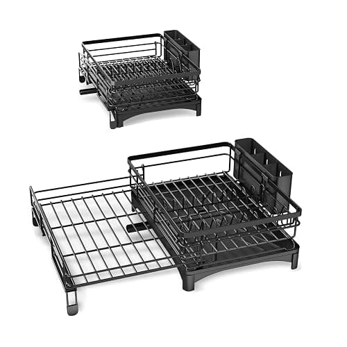 Dish Drying Rack - Extendable Dish Rack, Large Sink Drying Dish Drainer for Kitchen Counter, Stainless Steel Dish Strainer with Utensil Holder (Black) - Black thumbnail 9